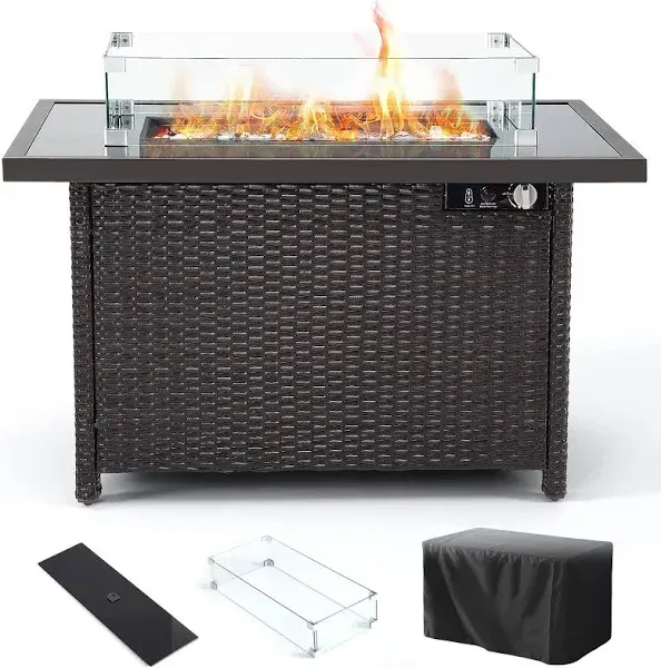 Propane Fire Pits, PAMAPIC 50,000 BTU Auto-Ignition Outdoor Fire Pit Table with Glass Wind Guard,41 Inch Outdoor Fire Tables for Patio Garden Deck Backyard Poolside