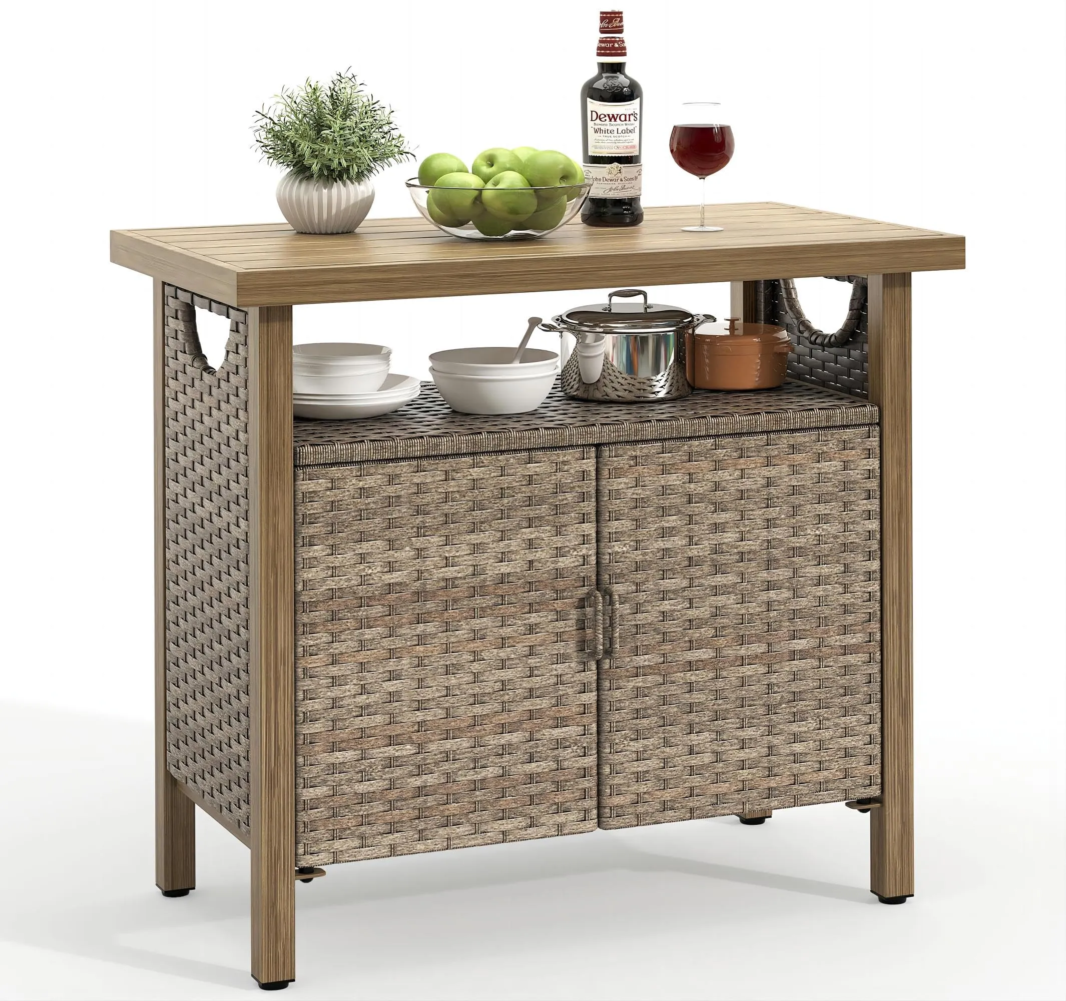 YITAHOME Outdoor Storage Cabinet, Patio Bar Table with Two Doors and Shelves, Weatherproof Wicker Storage Console Table for Outdoor Cushions, Pool