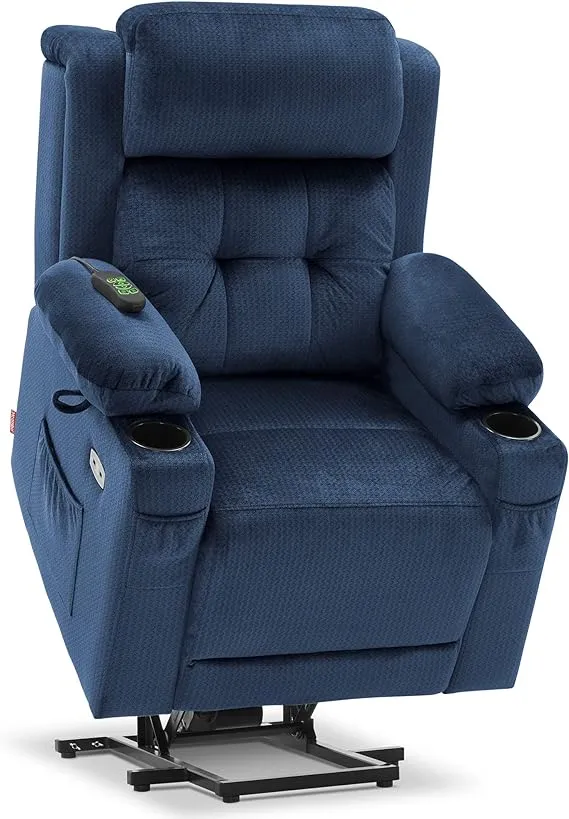 MCombo Lay Flat Lift Recliner with Power Headrest for Small Elderly People, Infinite Position Lift Chair, Massage and Heat, Fabric 7660, Navy Blue