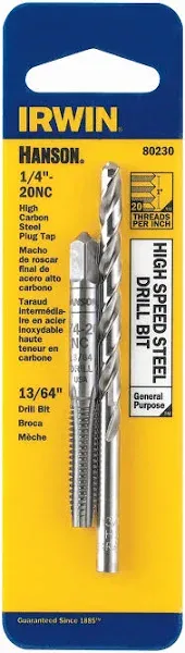 Hanson 80230 Tap and Drill Bit Set, 1/4-20 NC High Carbon Steel Plug Tap, 13/64 High Speed Steel Drill Bit, Card