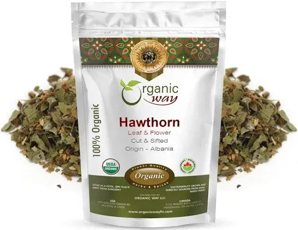 Organic Way Hawthorn Leaf and Flower Whole (Crataegus monogyna) - Herbal Tea | European Wild-Harvest | Organic, Kosher & USDA Certified | Non GMO & Gluten Free | Origin - Albania (2 Oz)