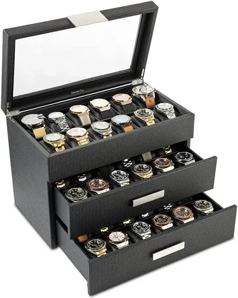 36 Slot Watch Box for Men - Mens Watch Case w Large Glass Lid, Luxury Carbon Fiber Design Mens Watch Box - Watch Holder for Men w Metal Accents & Sturdy Hinges, Watch Display Case Drawer &