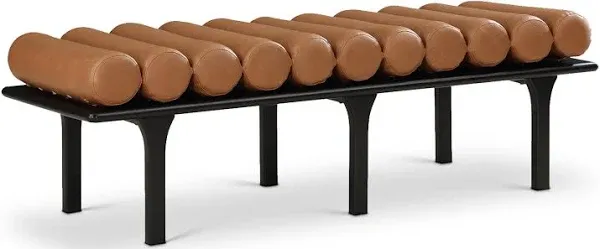 Meridian Furniture 22008Cognac Landon Collection Art Deco Bench with Soft Vintage Cognac Vegan Leather and Solid Wood with Black Finish, 60.5" W x 19.5" D x 18.5" H, Cognac