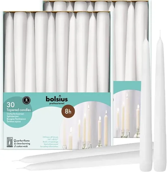 BOLSIUS 60 Count Household White Taper Candles - 10 Inches - Premium European Quality - 8 Hours Burn Time - Unscented Dripless and Smokeless Home Decor, Restaurant, Wedding, and Party Candlesticks