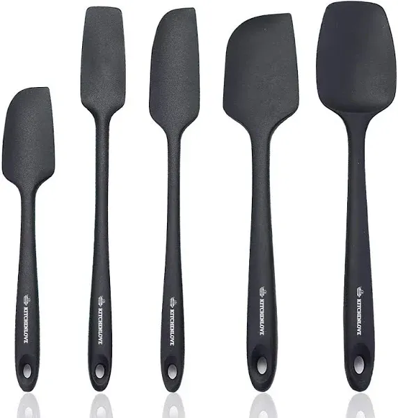 Premium 600°F Heat Resistant 5 Piece Silicone Spatula Set for Baking, Cooking, Mixing - Non-Stick with High Grade S-Iron Steel Core - One Piece Seamless Design - BPA Free (Black)