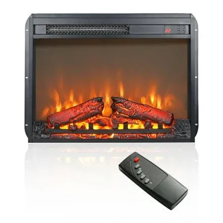 Slim 23&#034; Electric Fireplace Heater w Log Set Realistic Flame Timer Control Black