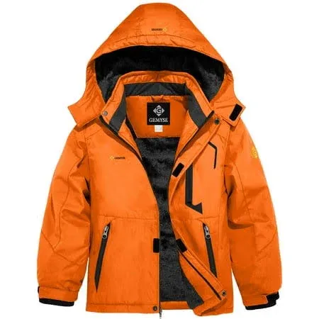 GEMYSE Boy's Waterproof Ski Snow Jacket Hooded Fleece Windproof Winter Jacket (Lily Orange,10/12)