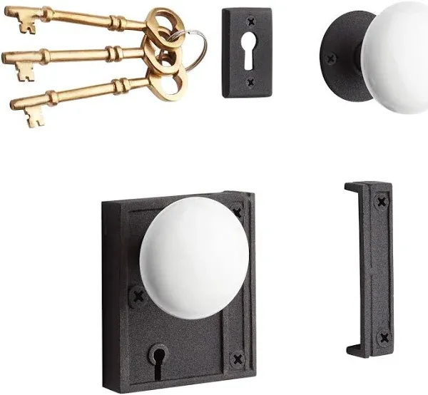 Signature Hardware 262717 Vertical Iron Rim Lock Set with Porcelain Knobs - Right Hand - Black Powder Coat/White