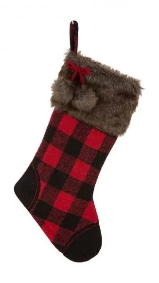 Glitzhome® 21" Fur Black & Red Buffalo Plaid Stocking