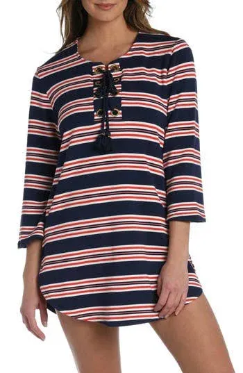 La Blanca Nautical Striped Coverup Dress Womens Small Modal Blue Red Tassel