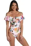 Women's La Blanca Off Shoulder Ruffle One Piece Swimsuit 18W Paradise City