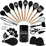 Country Kitchen Silicone Cooking Utensils, 14 PC Kitchen Utensil Set, Easy to Clean Wooden Kitchen Utensils, Cooking Utensils, Mint