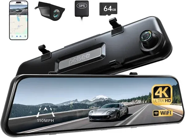 Pelsee P12 Pro Max 4K+2.5K Rear View Mirror Camera, 12" Mirror Dash Cam with 5G WiFi, Dash Cam Front and Rear with Starvis Night Vision