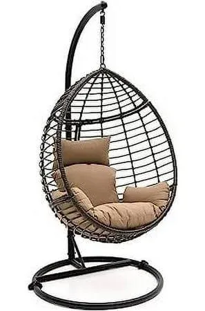 Hanging Egg Chair with Stand - Indoor Outdoor Patio Wicker Rattan Lounge Chair with Stand, Steel Frame, Washable Cushions for Garden Backyard Deck Sunroom - SereneLife SLGZ0EGBL.3 (Black)