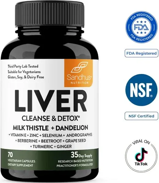 Liver Cleanse & Detox Supports 11 Ingredient Blend Milk Thistle, Dandelion, Turmeric, Ginger Extract, Beet, Zinc, Vitamin E, Selenium, Grape Seed.