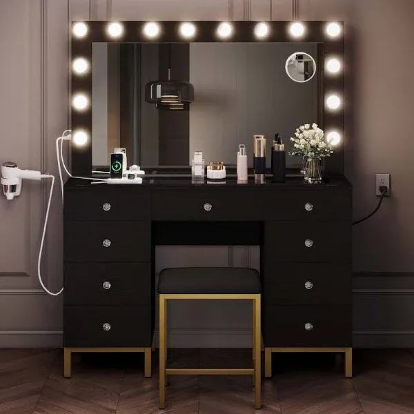 YITAHOME Vanity Desk Set with LED Lighted Mirror, Power Outlet, 14 Hollywood Bulbs, Lighted