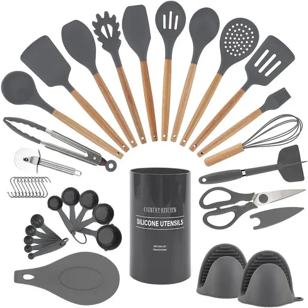 Country Kitchen Non Stick Silicone Utensil Set Handles Cooking and