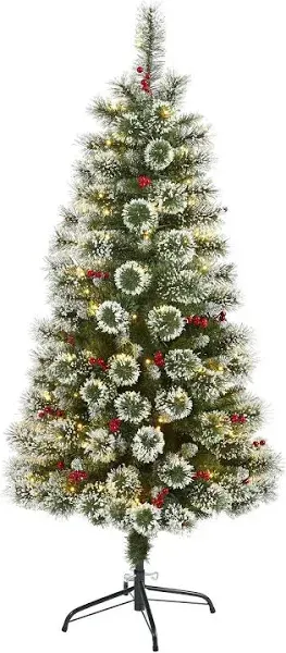 Nearly Natural Frosted Swiss Pine Artificial Christmas Tree Clear LED Lights & Berries