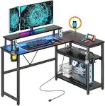 HEEYUE L Shaped Gaming Desk with Power Outlets & LED Strip Lights,Computer Desk with Large Monitor Stand,Corner Desk with Storage Shelf,Headphone Hook