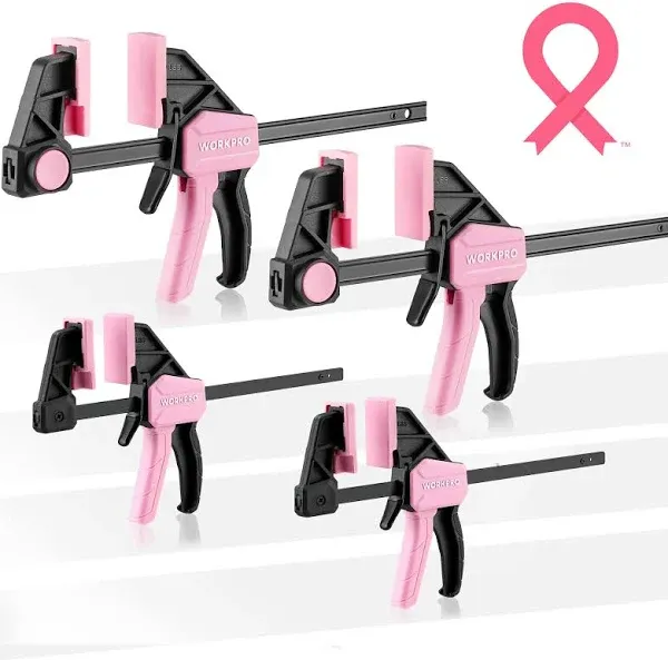 WORKPRO Mini Bar Clamps for Woodworking, 6"(2) and 4-1/2"(2), 4-Piece One-Handed Clamp/Spreader, Light-Duty Quick-Change F Clamp with 150lbs Load Limit - Pink Ribbon