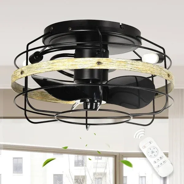  15&#034; Caged Ceiling Fans with Lights and Remote, Flush Mount Bladeless Low Black