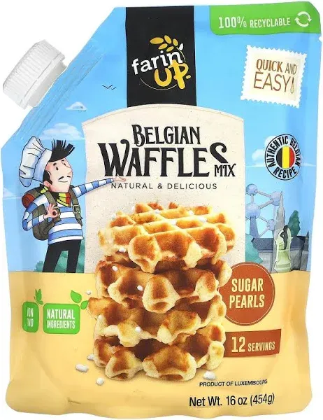 Farin'UP Belgian Waffle Mix with Pearl Sugar, 16oz | Resealable, No Mess Packaging (Pack of 1)