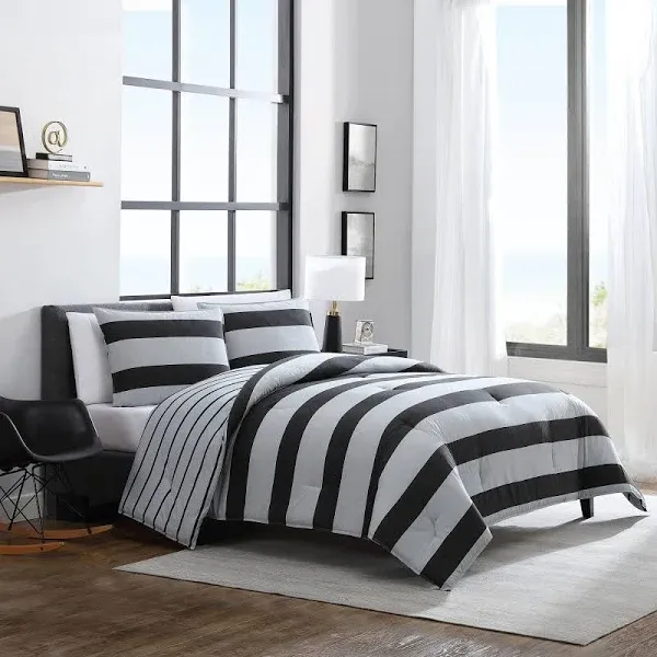 Nautica Bedding Set 96&#034;Lx66&#034;W Twin XL Soft Striped Polyester/Cott<wbr/>on Gray 2-PCs