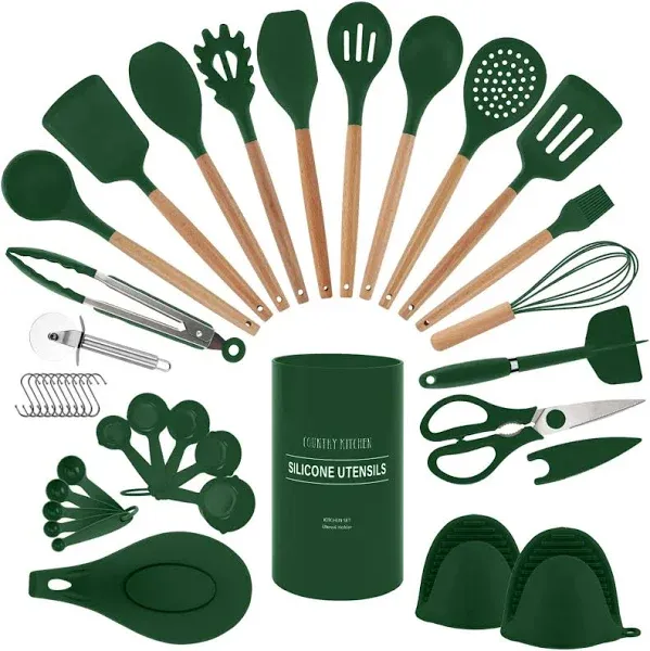 Versatile 38-Piece Silicone Utensil Set with Stylish Bamboo Holder - Easy Clean