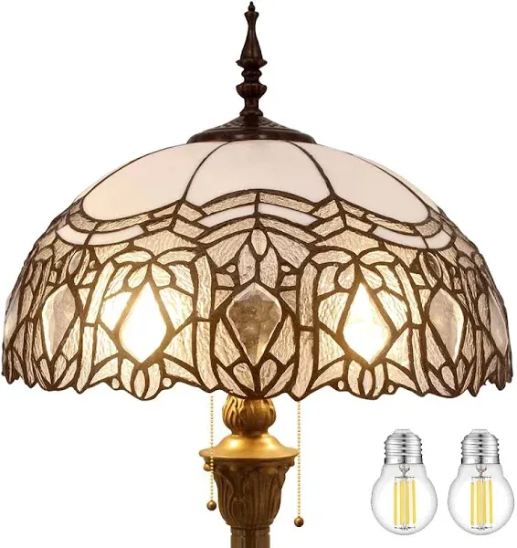 WERFACTORY Tiffany Floor Lamp Crystal Bead White Stained Glass Standing Reading Light 16X16X64 Inches Antique Pole Corner Lamp Decor Bedroom Living Room Home Office S508W Series