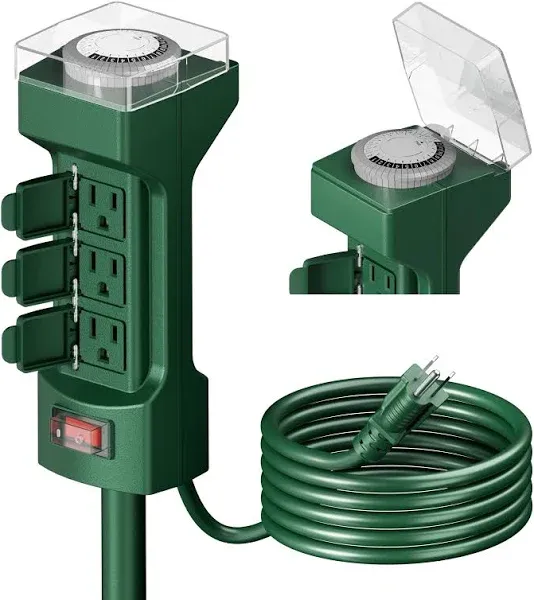 K KASONIC - 24 Hour Outdoor Stake Timer 6 Outlets 6 ft Extension Cord Mechani...