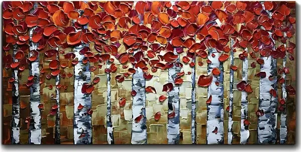 V-inspire art, 24x48 Inch Paintings Oil Abstract Red Birch Trees Wall Art Contemporary 3D Hand-Painted On Canvas Artwork Art Wood Inside Framed Hanging Living room Bedroom Wall Decoration