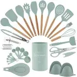 Country Kitchen Non Stick Silicone Utensil Set with Rounded Wood Handles for Cooking and Baking, 38 Piece Set, Mint