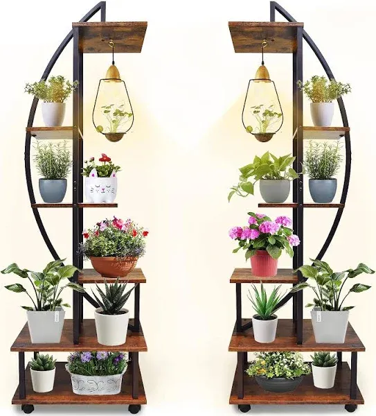 2 PCS Half Moon Plant Stand Indoor 6 Tiers Metal Plant Shelf Ladder Wood Flower Pot Holder with Hangers for Living Room Balcony Patio Garden (Wheels)