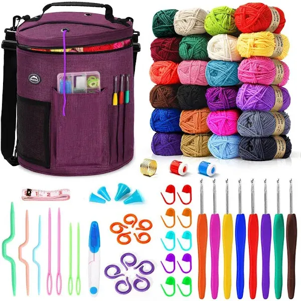 79Pcs Crochet Kit, WEEKSUN Large Knitting Bag Yarn Storage Organizer, Knitting & Crochet Supplies, Waterproof Crochet Bag, Beginner Crochet Kit Includes 24 Colors Yarn, Crochet Hook Kits, Knitting Bag