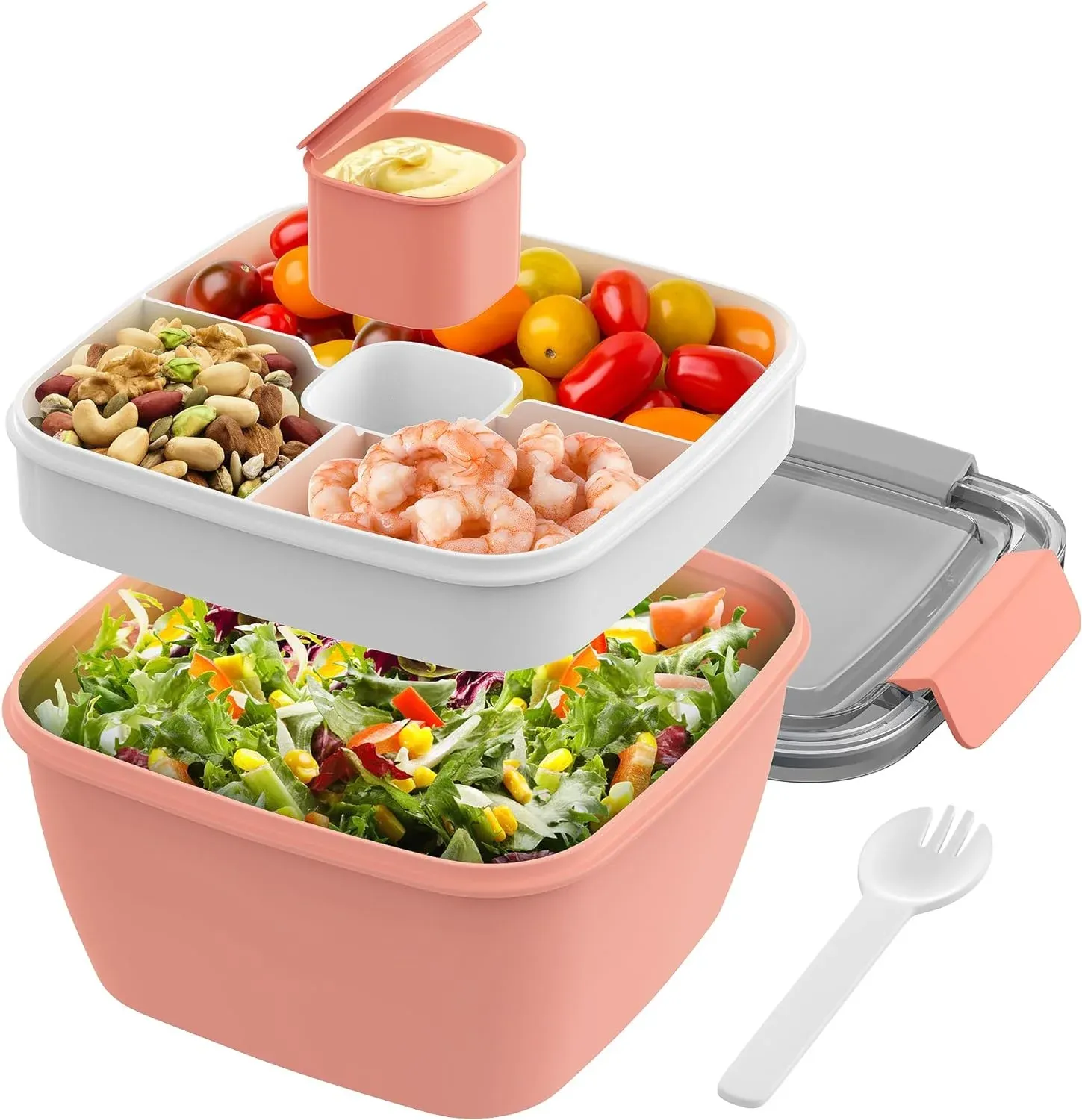 Salad Lunch Container To Go, 52-oz Salad Bowls with 3 Compartments, Salad Dressings Container for Salad Toppings, Snacks, Men, Women, Pink