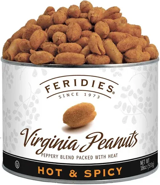 FERIDIES Extra Large Hot And Spicy Virginia Peanuts (18oz CAN 1.125 Pound Pack Of 1) Cooked In Pure Peanut Oil, Lightly Salted, No Cholesterol