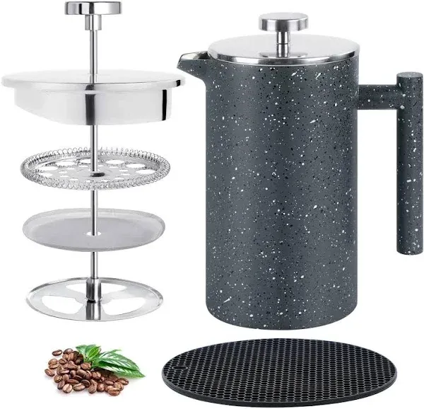 French Press Coffee Maker 34oz with Double-Insulated Stainless Steel Large Metal Coffee Press with 3 Layer Filtration System for Ultimate Coffee Tea Brewing in Travel Camping or Home