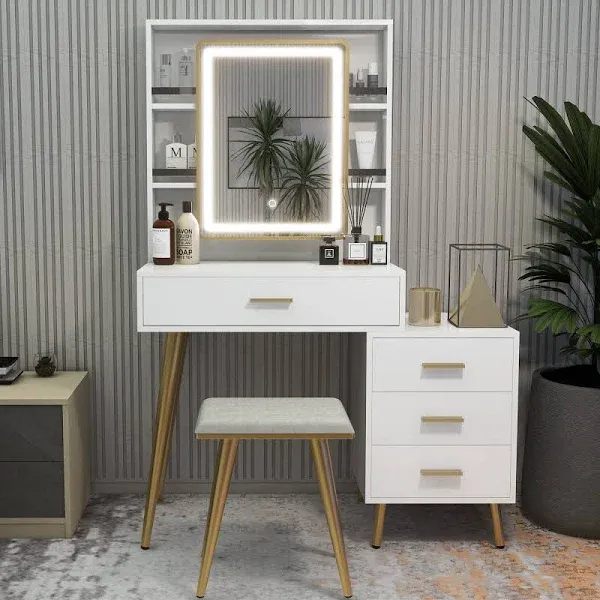 Vanity Desk with Mirror and Lights, Makeup Vanity with 4 Drawers, Vanity Mirror