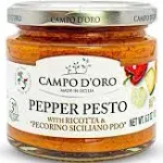 Sicilian Pepper Pesto with Ricotta and Pecorino, Glass Jar 6,3 oz. Campo D'Oro, Italian specialties. Sicilian ready sauce with Sicilian peppers, ricotta and Pecorino. 100% Made in Italy