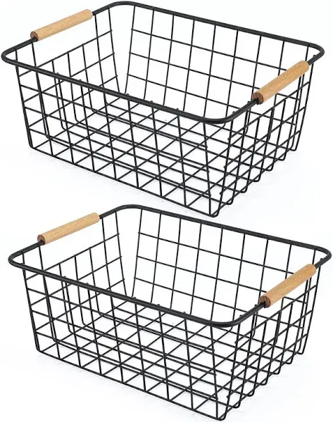 mDesign Metal Wire Storage Organizer Basket with Bamboo Wood Handles for Kitchen Pantry, Rustic Farmhouse Bin to Store Fruit, Coffee, Spices, Supplies, 2 Pack, Matte White/Natural/Tan