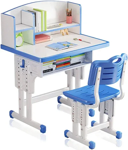 Kids' Study Desk Chair Sets, Blue, Adjustable Height, Ergonomic Design, with Large Storage Drawer and Bookshelf, Suitable for Ages 3-18