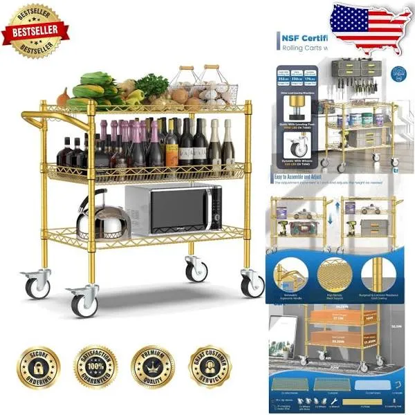 Stylish NSF-Certified Gold Utility Cart - 3-Tiers, 990 lbs Capacity with Hooks