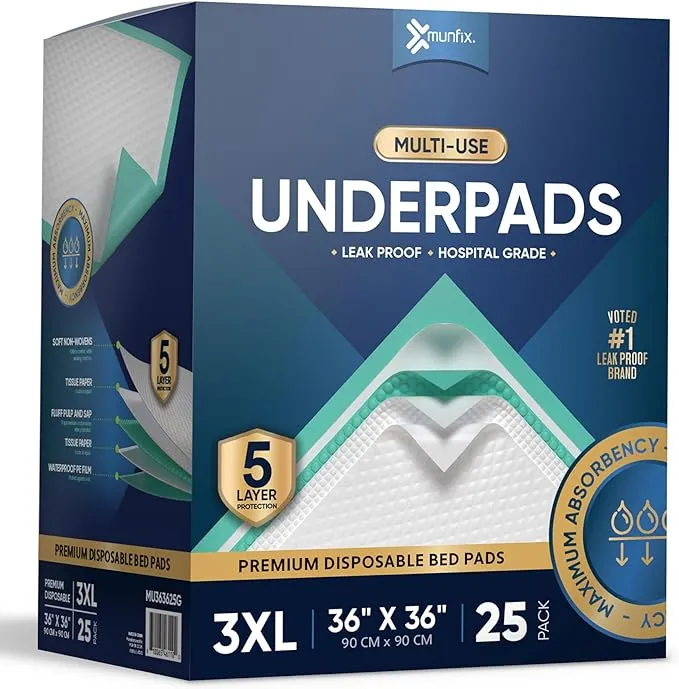 25 Pack Disposable Bed Pads 36 X 36 Inches, Super Absorbent Extra Large Incontinence Underpads, 125 Gram Heavy Duty Ultra Absorbency Medical Chux, Baby Changing Pad, Dog Puppy Pet Training Pee Pad