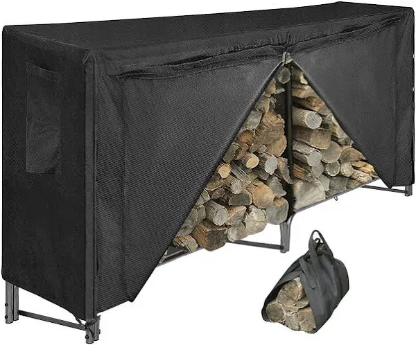 Indoor & Outdoor Firewood Rack with Waterproof Cover - Heavy Duty Log Storage and Carrier Combo – Black Steel Tubular Log Holder for Fire Pits and Fireplaces – Easy to Assemble (8ft)