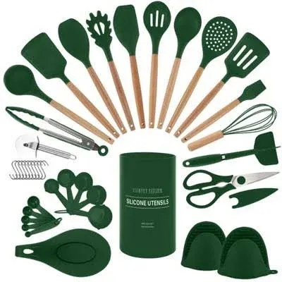 Country Kitchen Non Stick Silicone Utensil Set with Rounded Wood Handles for Cooking and Baking