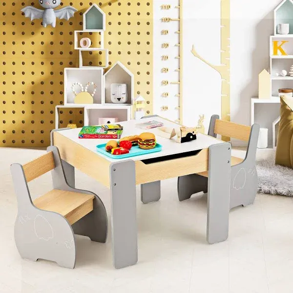 INFANS 3 in 1 Kids Table and Chair Set, Wood Multi Activity Table with Removable Tabletop Storage, Detachable Blackboard for Toddler Playing Drawing Arts Crafts,3 PCS Children Furniture