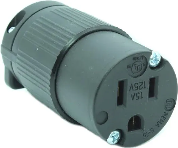 Journeyman-Pro 515CV-LIT Lighted 15 Amp 120-125 Volt, NEMA 5-15R, 2Pole 3Wire, Straight Blade, Female Plug Replacement Cord Connector Outlet, Commercial Grade PVC Power Indicating (Black LIT 1-Pack)