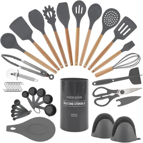 Country Kitchen Non Stick Silicone Utensil Set with Rounded Wood Handles for Cooking and Baking