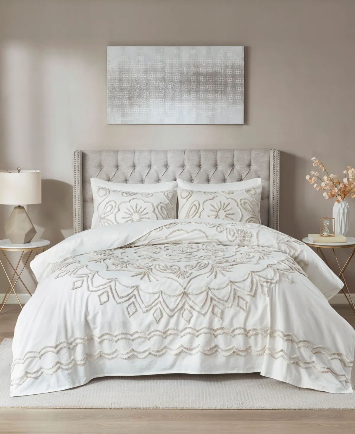 Madison Park - Violette 3 Piece Tufted Cotton Chenille Coverlet Set - Ivory/Taupe - King/Cal King