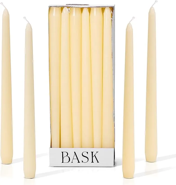 Bask 10-inch Taper Candles - Unscented and Dripless - Burns for 8 Hours - Home Decor for Dinner Table, Kitchen, and Bedroom - Perfect for a Romantic Date or Anniversary - 30-Pack - Ivory